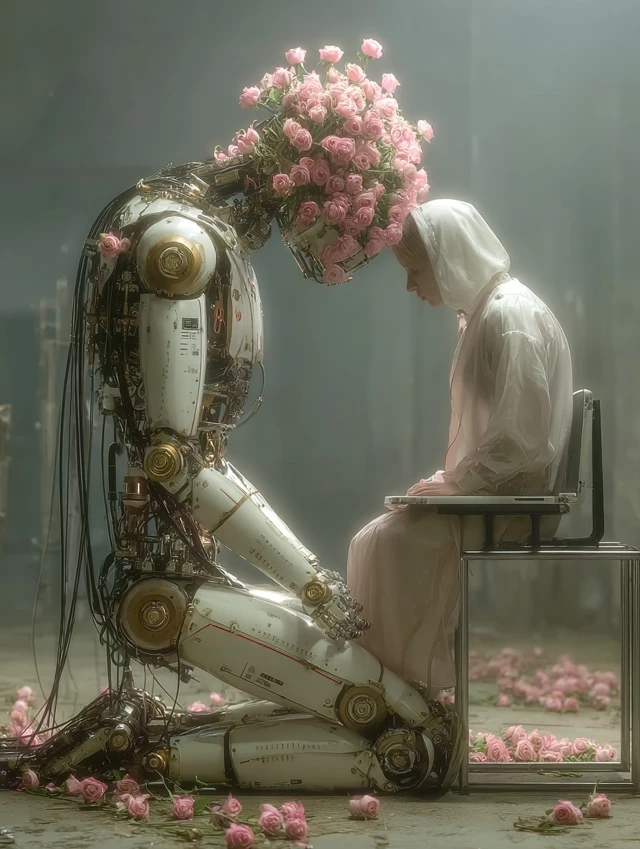 Robot Embraces Woman Surreal Cinematic Shot