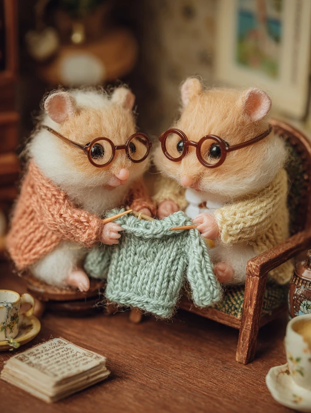 Cute Hamsters Crocheting Vintage Photograph