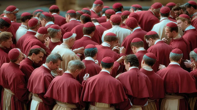 Cardinals in Red Robes Facing Young Men Back View