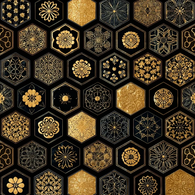 Japanese Kamon Seamless Pattern Gold on Black