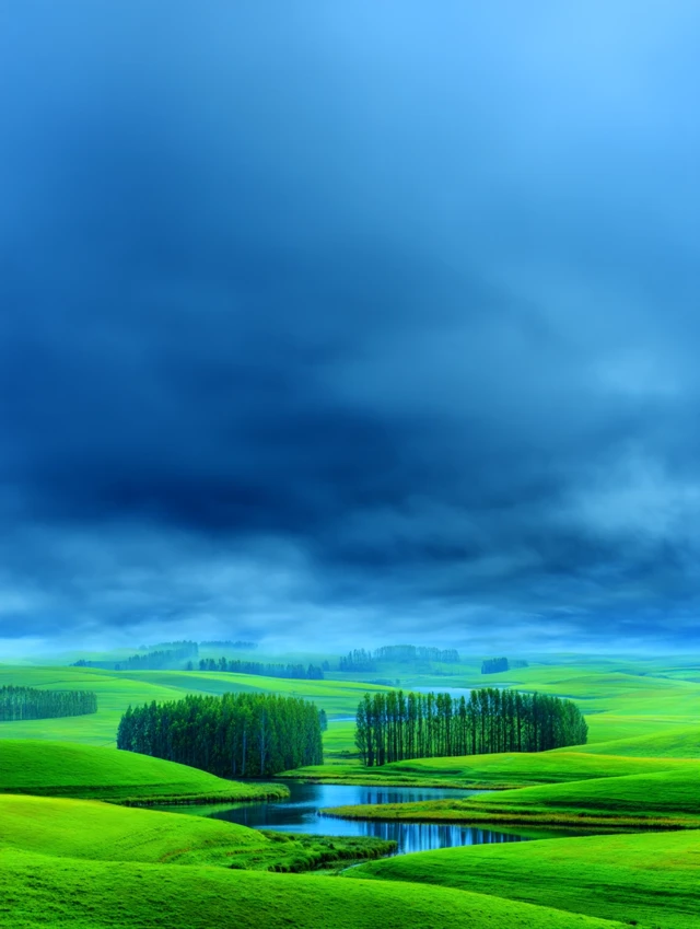Abstract New Zealand Landscape Painting Green Hills Water
