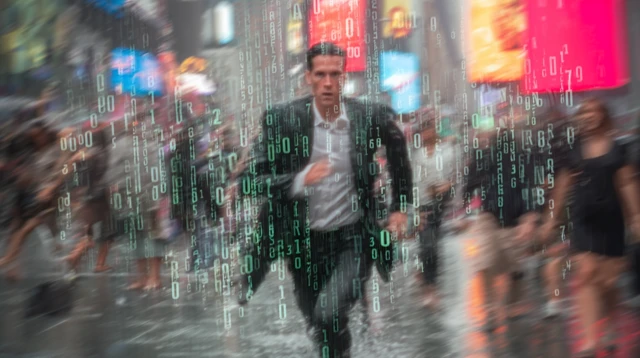 Man Dissolving in Code in Times Square Cyberpunk