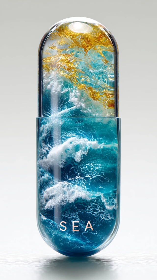 Vitamin C Capsule with Ocean Waves Sea Inside