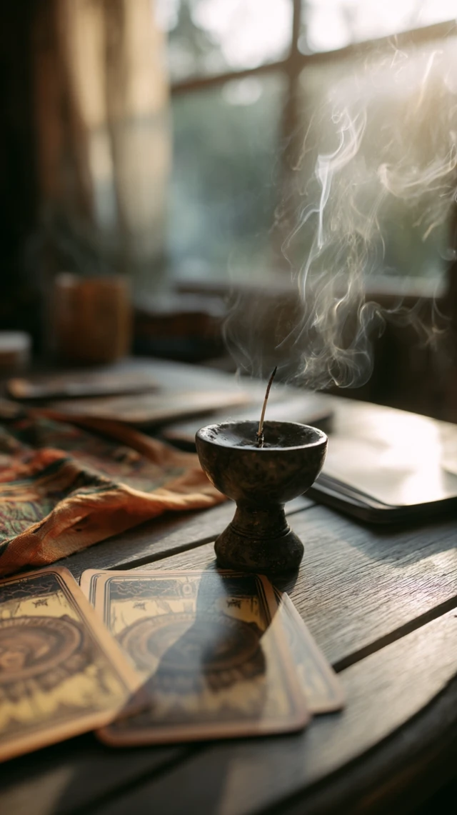 Tarot Reading Table with Incense and Sunlight