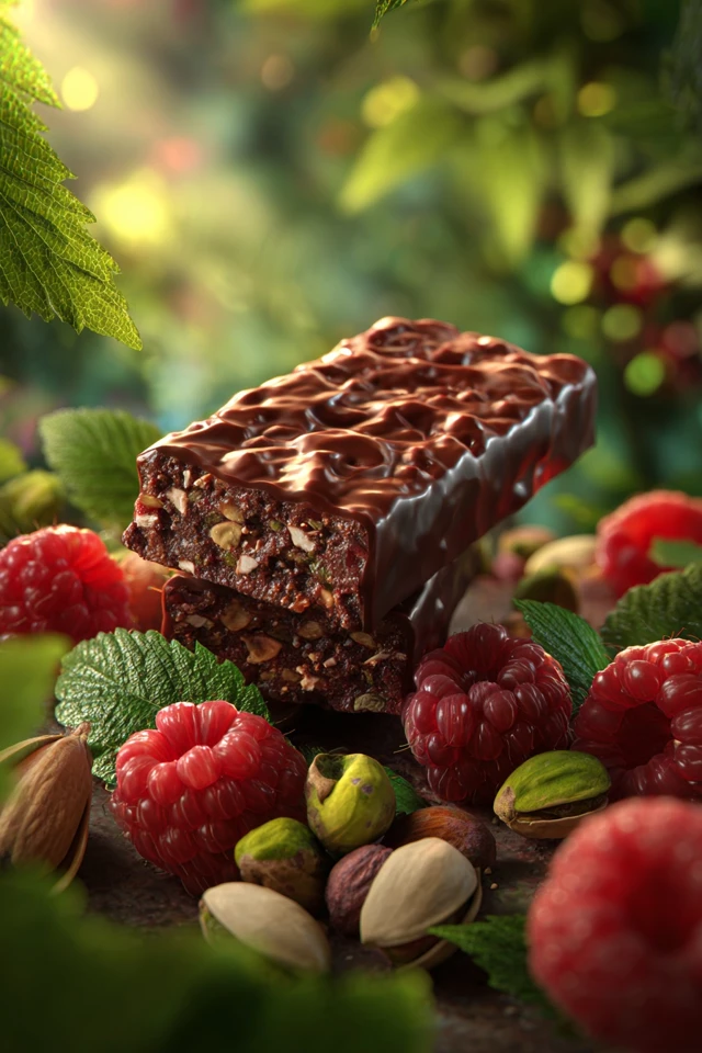 Chocolate Protein Bar with Raspberries and Pistachios