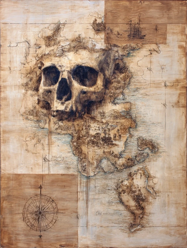 Boho Pirate Map Artwork with Skull and Ship