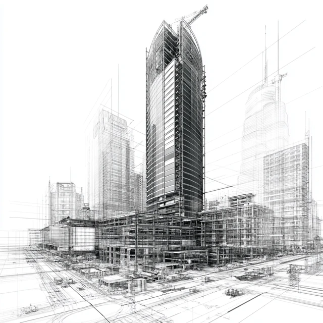 Architectural Blueprint Visualization of a Steel Structure Complex