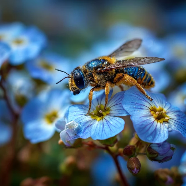 Bee on Blue Flowers Macro Photography