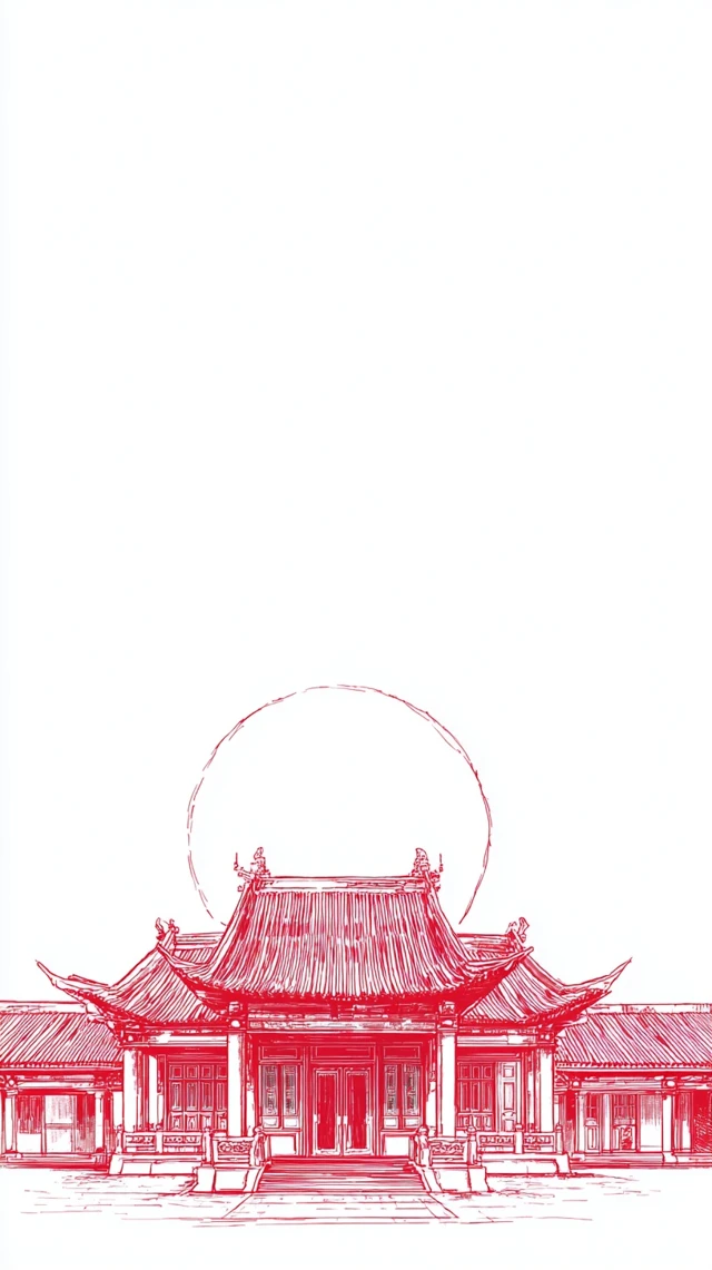Minimalist Chinese Architecture Red Sketch Outline