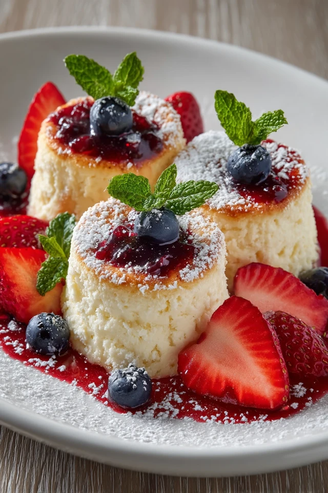 Golden Cheesecakes with Berries Dessert Photography