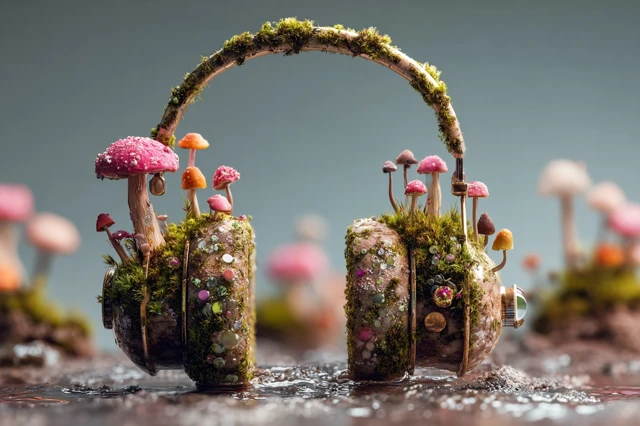 Mossy Headphones Miniature Terrarium Fantasy Art