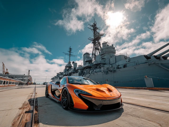Orange McLaren P1 and Battleship US Pier Photo