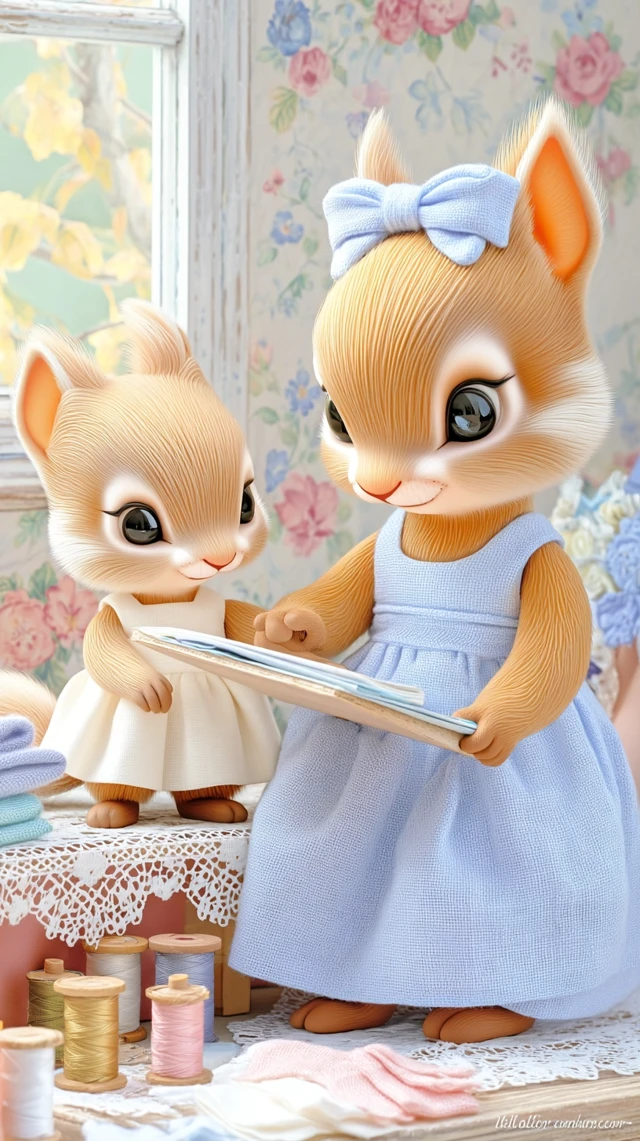 Cute Squirrels and Hedgehog in a Sewing Shop