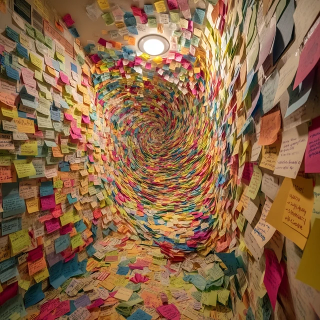 Sticky Note Swirl: Chaotic Art in a Workspace