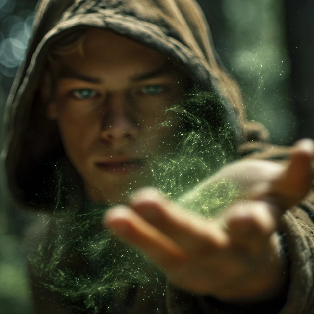 Young Wizard Casting a Spell in the Forest