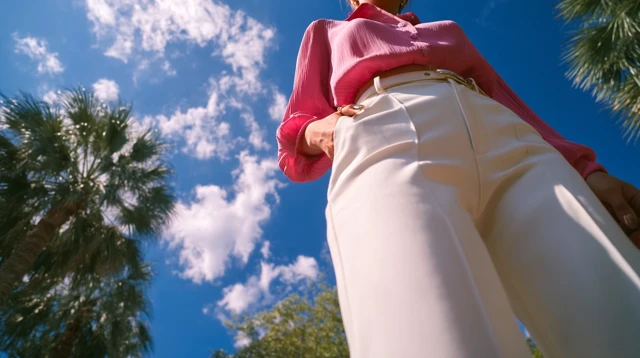 Asian Female Model in Pink Shirt and White Pants