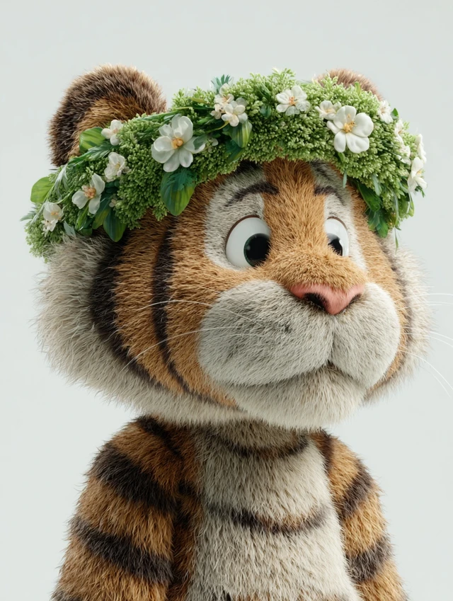 Cute Cartoon Tiger with Flower Wreath 3D Render