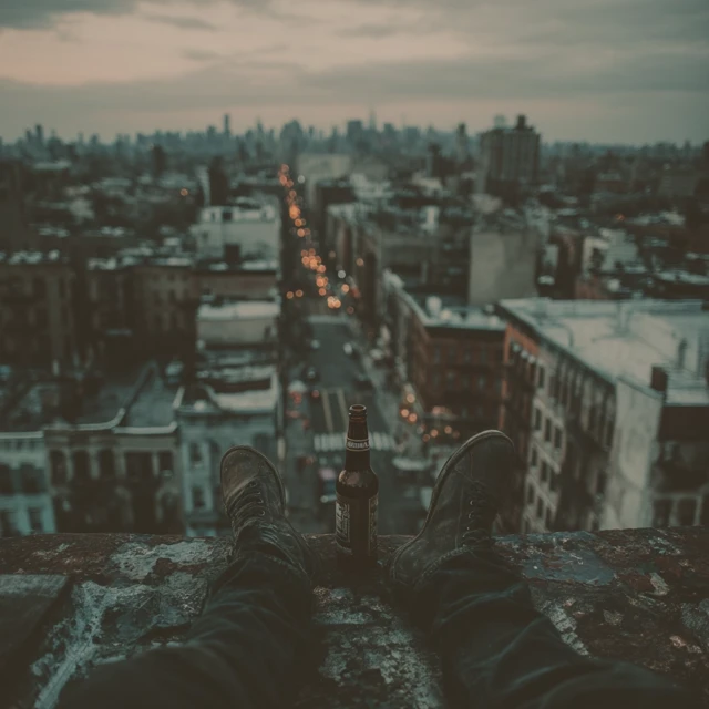 NYC Rooftop View: Man Relaxing with a Beer