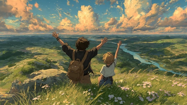 Joyful Moment Overlooking Rolling Hills Sunset