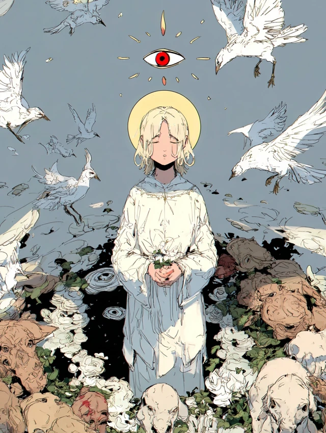 Anime Art Girl Surrounded by Pigeons