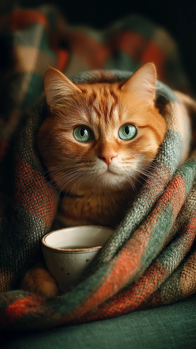Orange Cat with Green Eyes Cozy with Blanket
