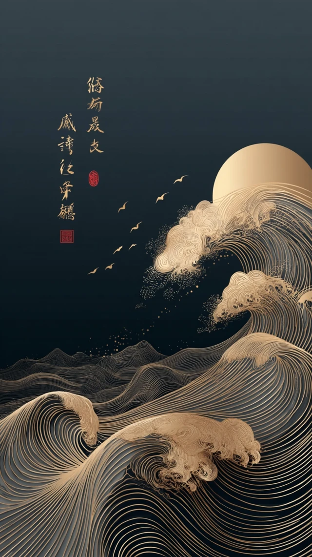 Japanese Wave Art Gold Lines Illustration