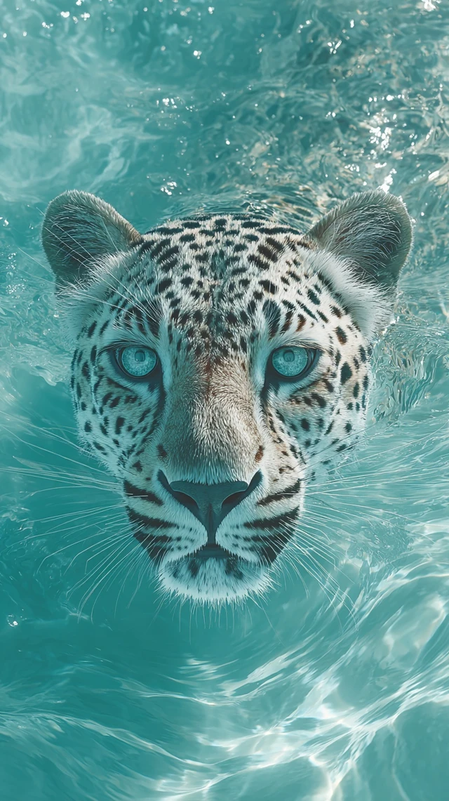Leopard Swimming in Turquoise Water