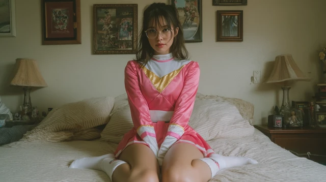 Asian Girl in Pink Ranger Suit on Bed