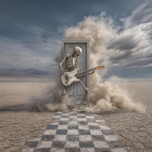Skeleton Guitarist in Desert Doorway