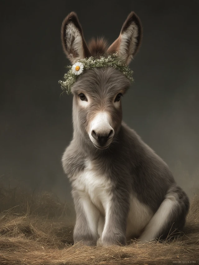 Cute Baby Donkey Oil Painting Flower Crown