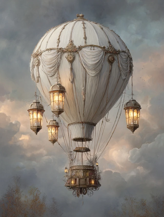 Steampunk Hot Air Balloon with Lanterns and Clouds