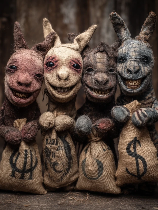 Creepy Sock Puppets Holding Bank Bags