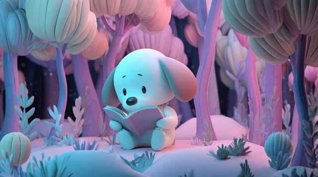Cute Cartoon Dog Reading in a Magic Forest