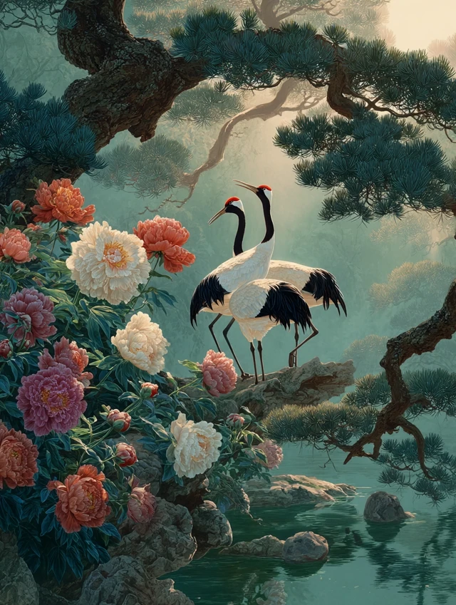 Red Crowned Cranes Romantic Watercolor Painting
