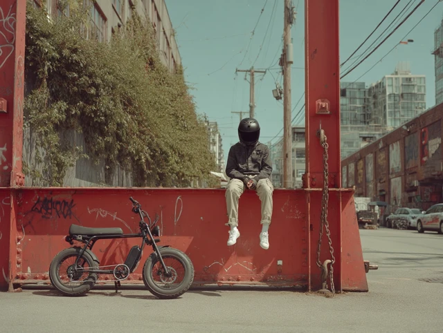 Urban Rider with Electric Bike in Industrial Setting