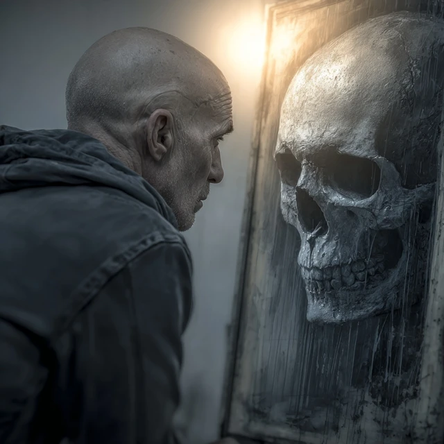 Man Sees Death in Mirror Close Up Surreal Art