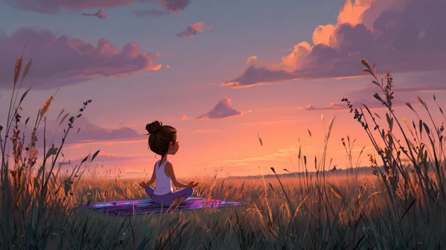 Girl Doing Yoga in Sunset Meadow Peaceful Scene