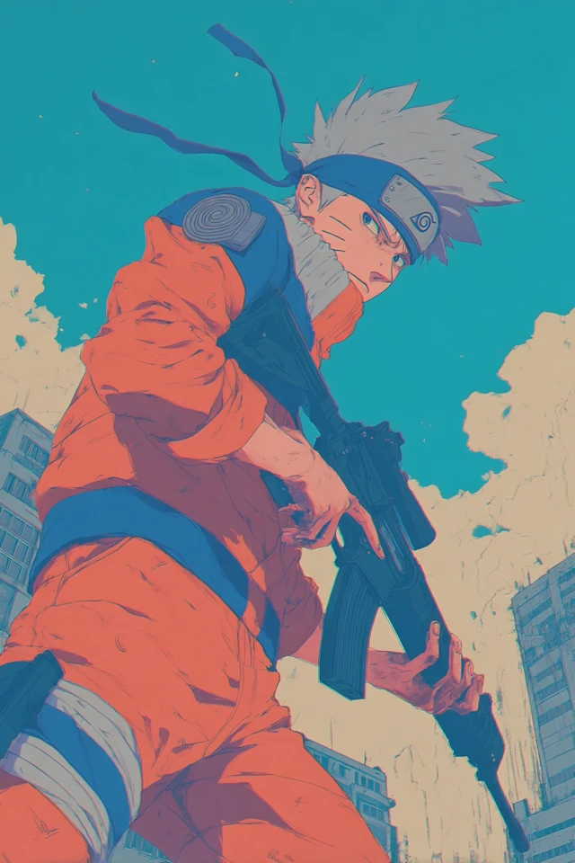 Anime Warrior Illustration Spiky Haired Character with Gun