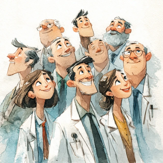 Watercolor Cartoon Doctors Smiling and Looking Up