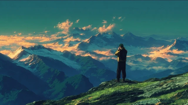 Anime Man on Mountain Adventure Dramatic Scenery