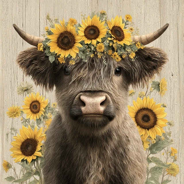 Highland Cow with Sunflowers Realistic Illustration