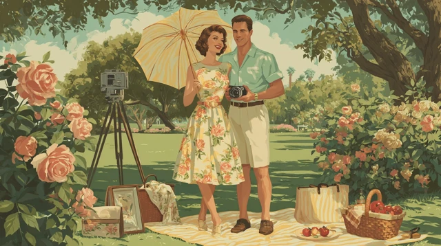1950s Summer Picnic Illustration Retro Couple
