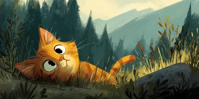 Sad Ginger Kitten in Forest Illustration