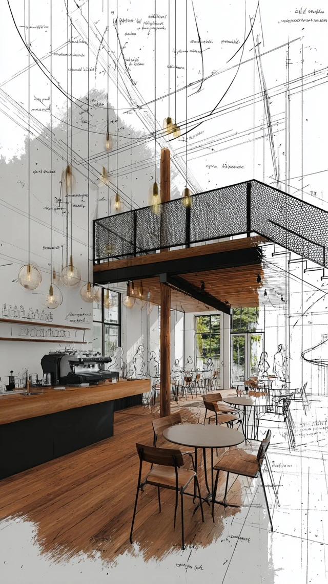 Modern Industrial Cafe Interior Design Drawing