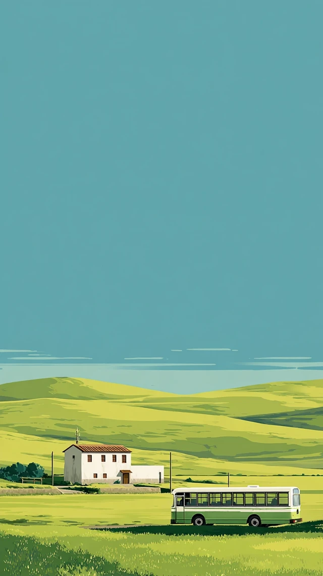 Green Meadow Landscape with Bus and School