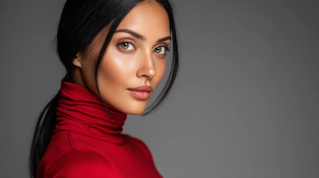 Beautiful Woman in Red Turtleneck Dress Studio Portrait
