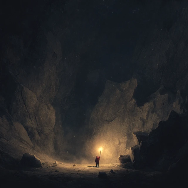 Dark Cave Exploration Torchlit Man