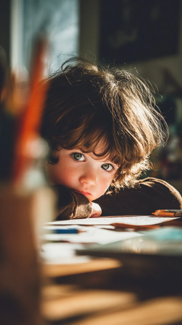 Adorable Boy Coloring at Desk Bittersweet Moment