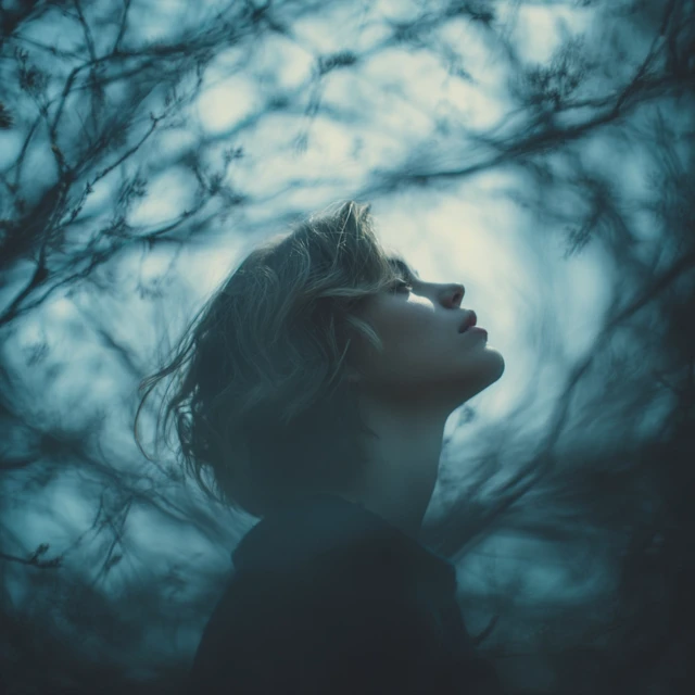 Girl Looking Up Through Trees Feeling Longing