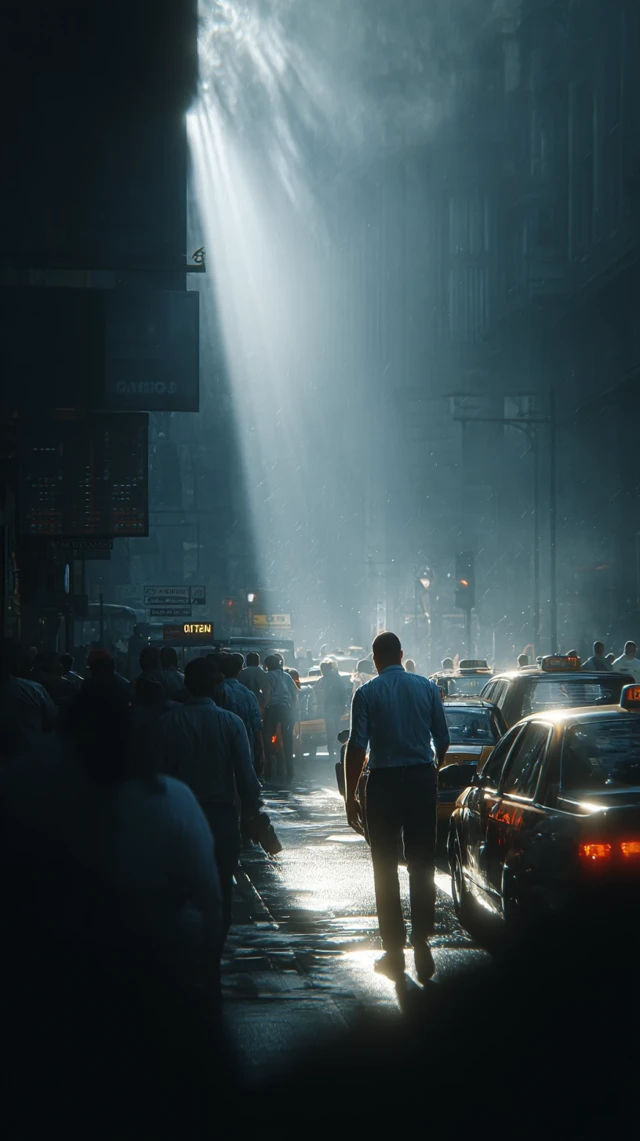 Man Walking Through Urban Chaos Calm and Focused